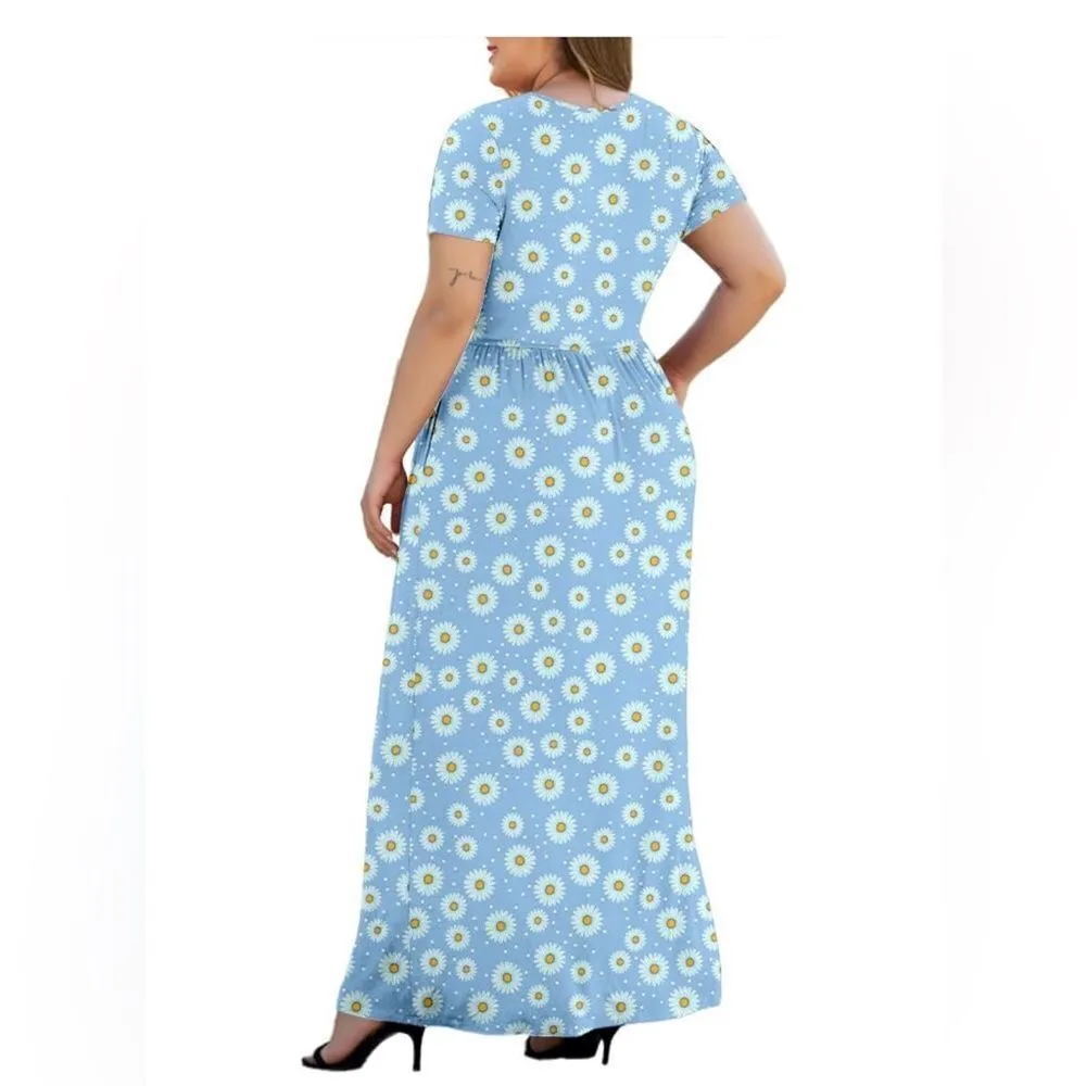 Women’s dress floral light blue Short Sleeve Maxi Plus Size Casual sundress‎ 3XL - Image 4