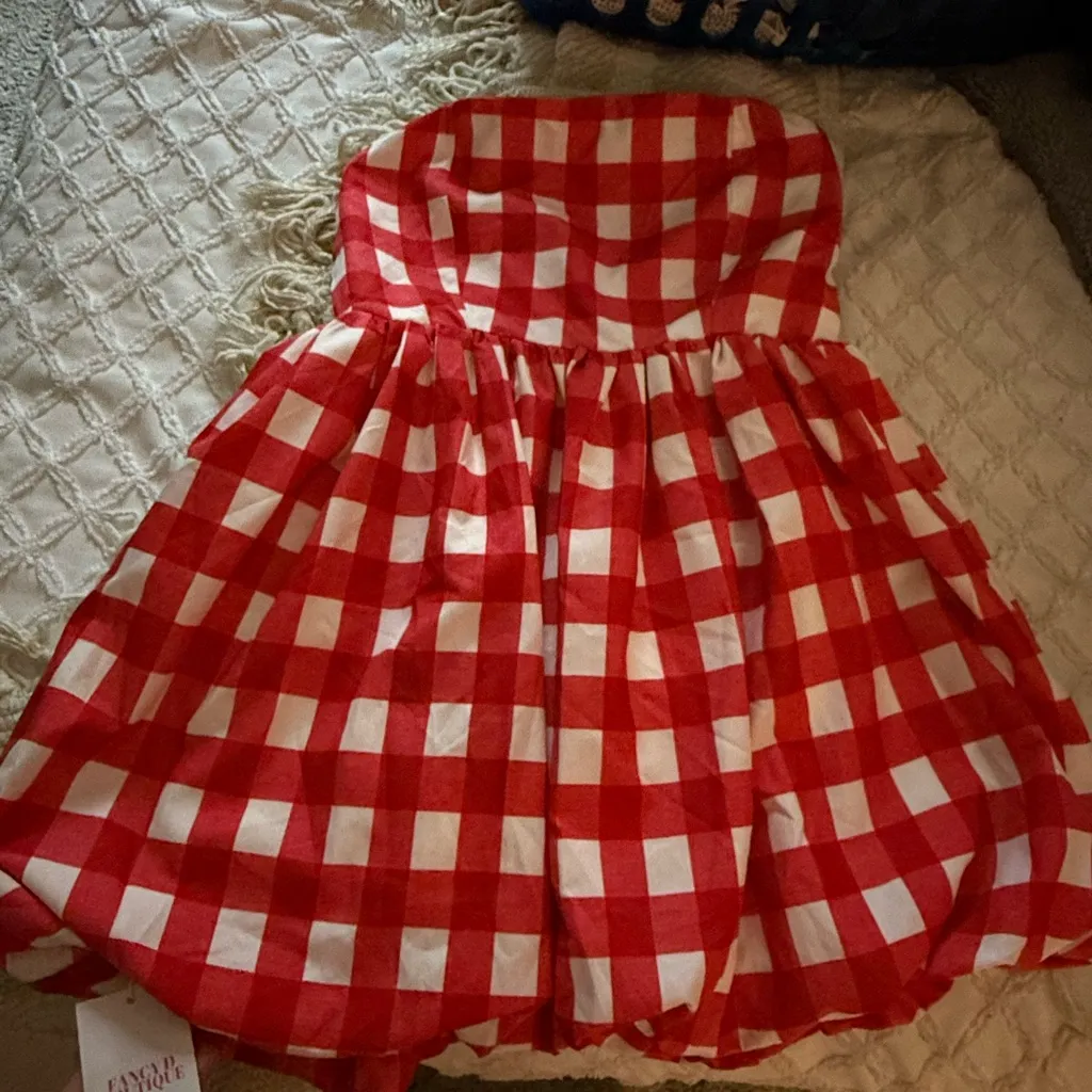 Red and White Gingham Strapless Dress - Image 3