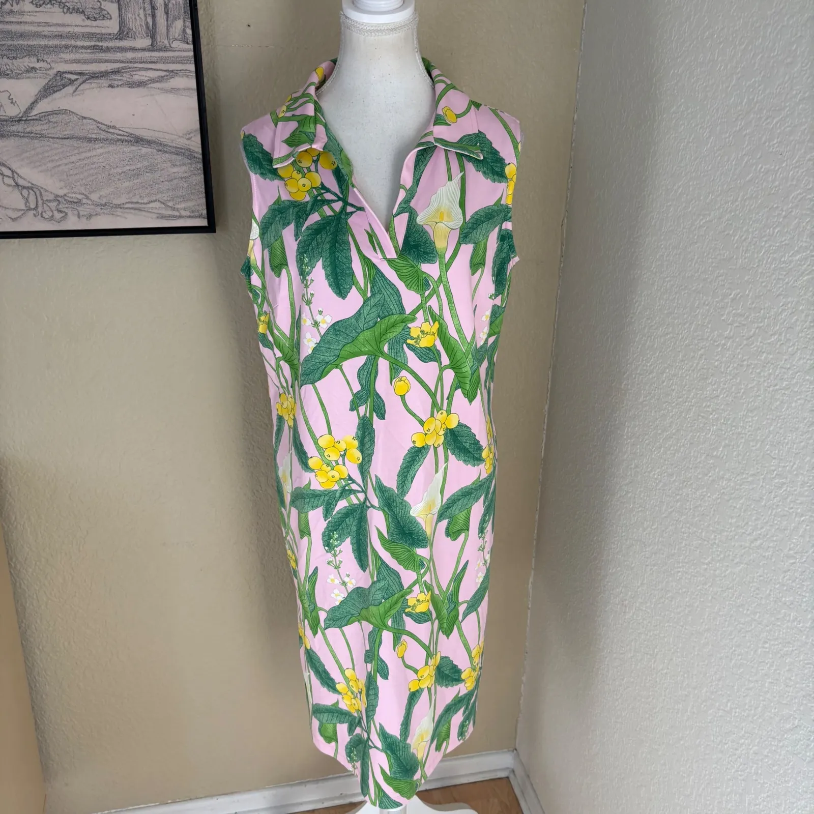 J. McLaughlin Ayla Dress In Lily Frond Size XL Pink Preppy Resortwear - Image 3