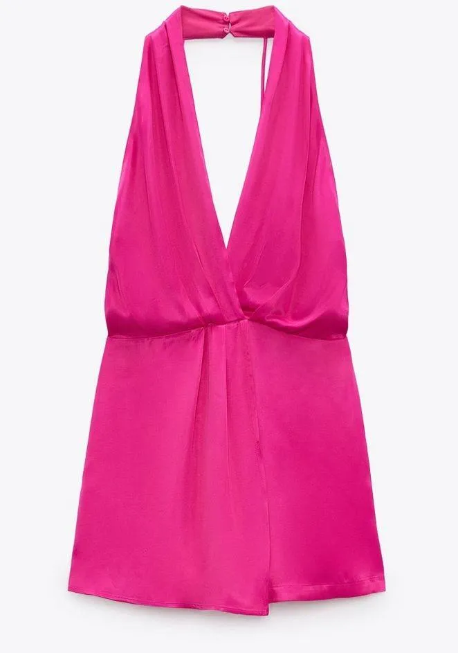 Fuchsia satin effect halter short playsuit jumpsuit romper never worn - Image 3