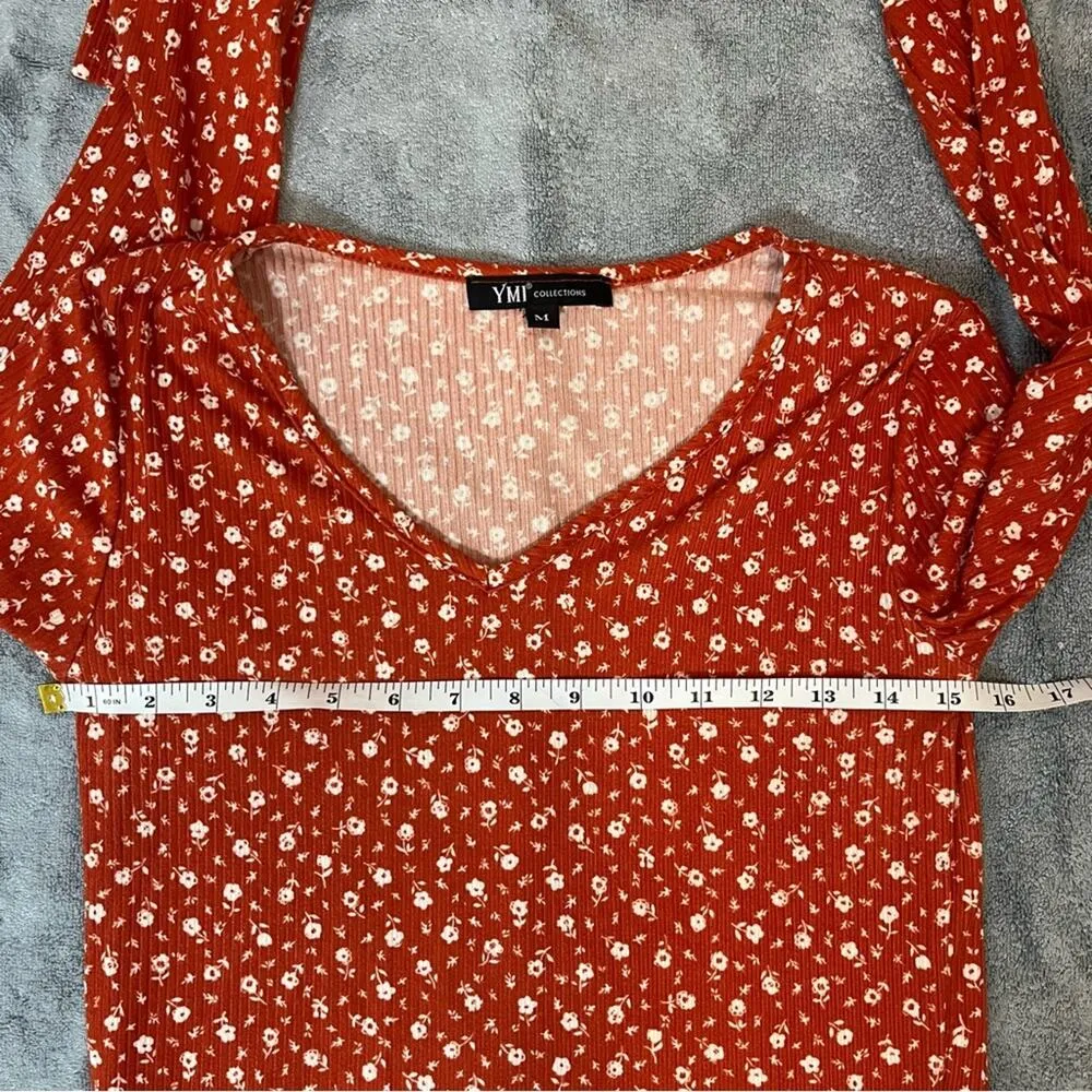 YMI Collections Orange Rust Floral Long Sleeve Tshirt Fall Size Medium - Image 9