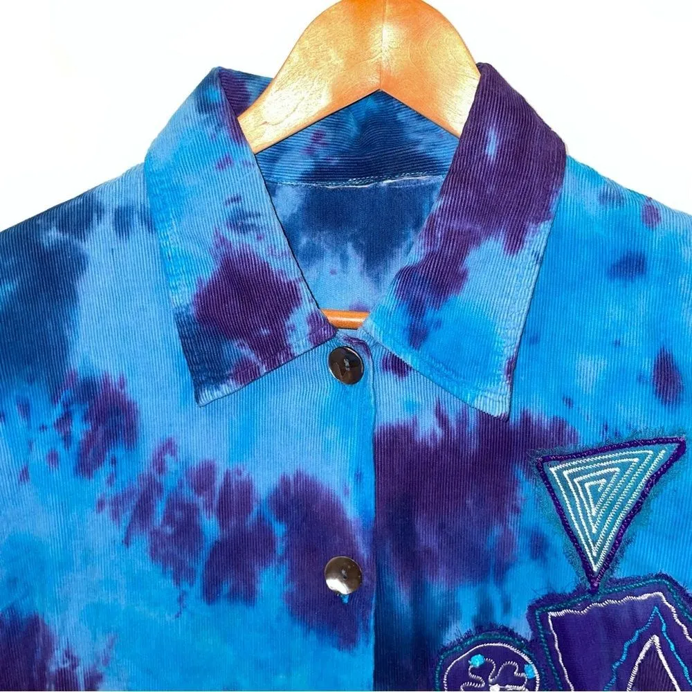 Y2K 90’s corduroy blue purple patchwork tie die embellished button front shirt🌈 Size XL - Image 5