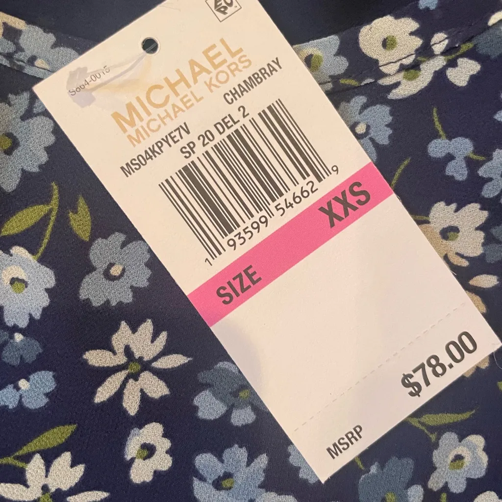 Michael Kors Chambray Blue Floral Split Back Short Sleeve Blouse XXS NWT - Image 3