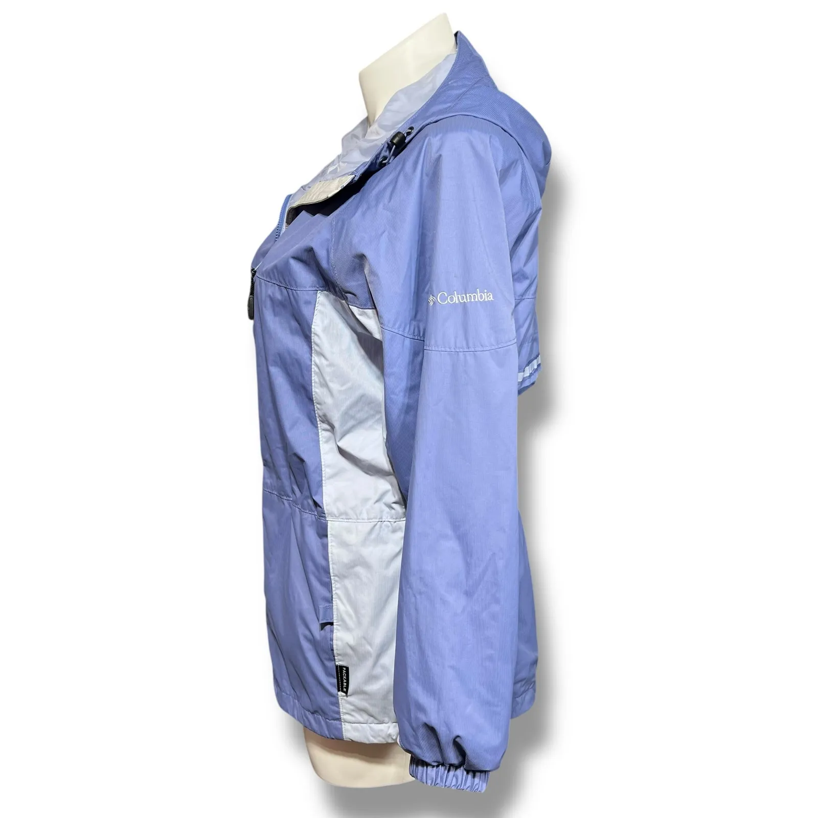 Columbia Womens Packable Lightweight Jacket Hooded Drawstring Waist Hem Blue Lrg - Image 5
