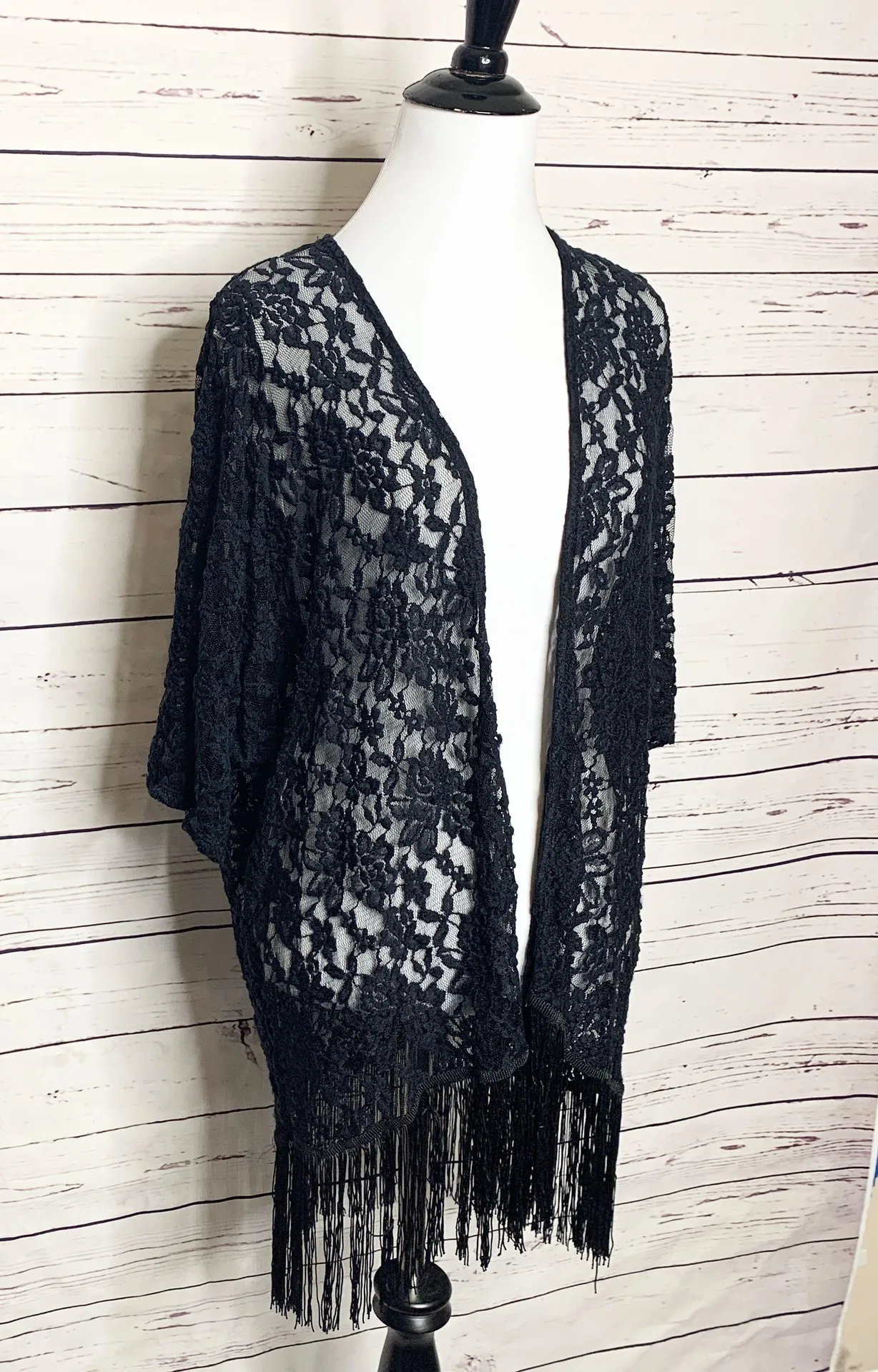 Mauve Black Lace Fringe Trim Kimono Small - Image 2