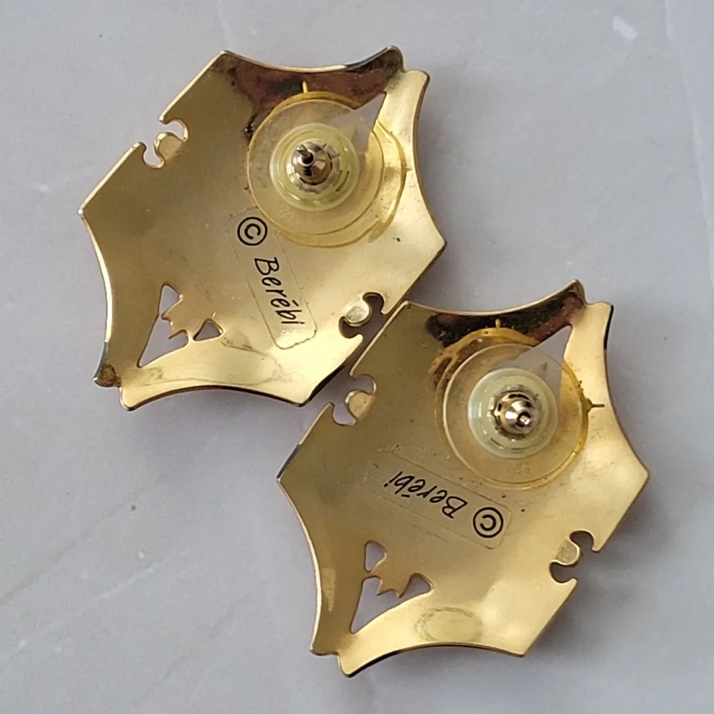 Vintage Gold Tone Peach Berebi Art Deco Post Stud Pierced Statement Earrings - Image 6