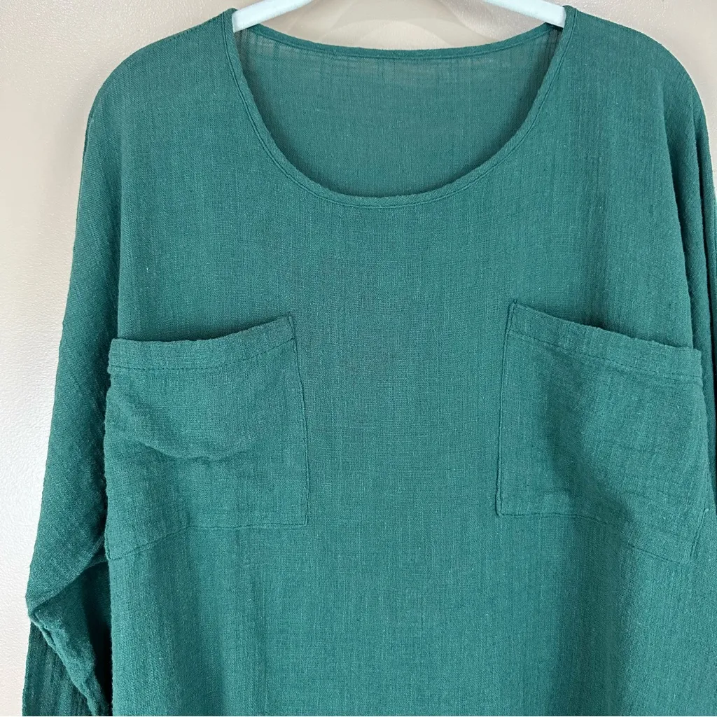 Green Cotton Gauze Long Sleeve Lightweight Pocket Front Top Tunic Large XL - Image 2