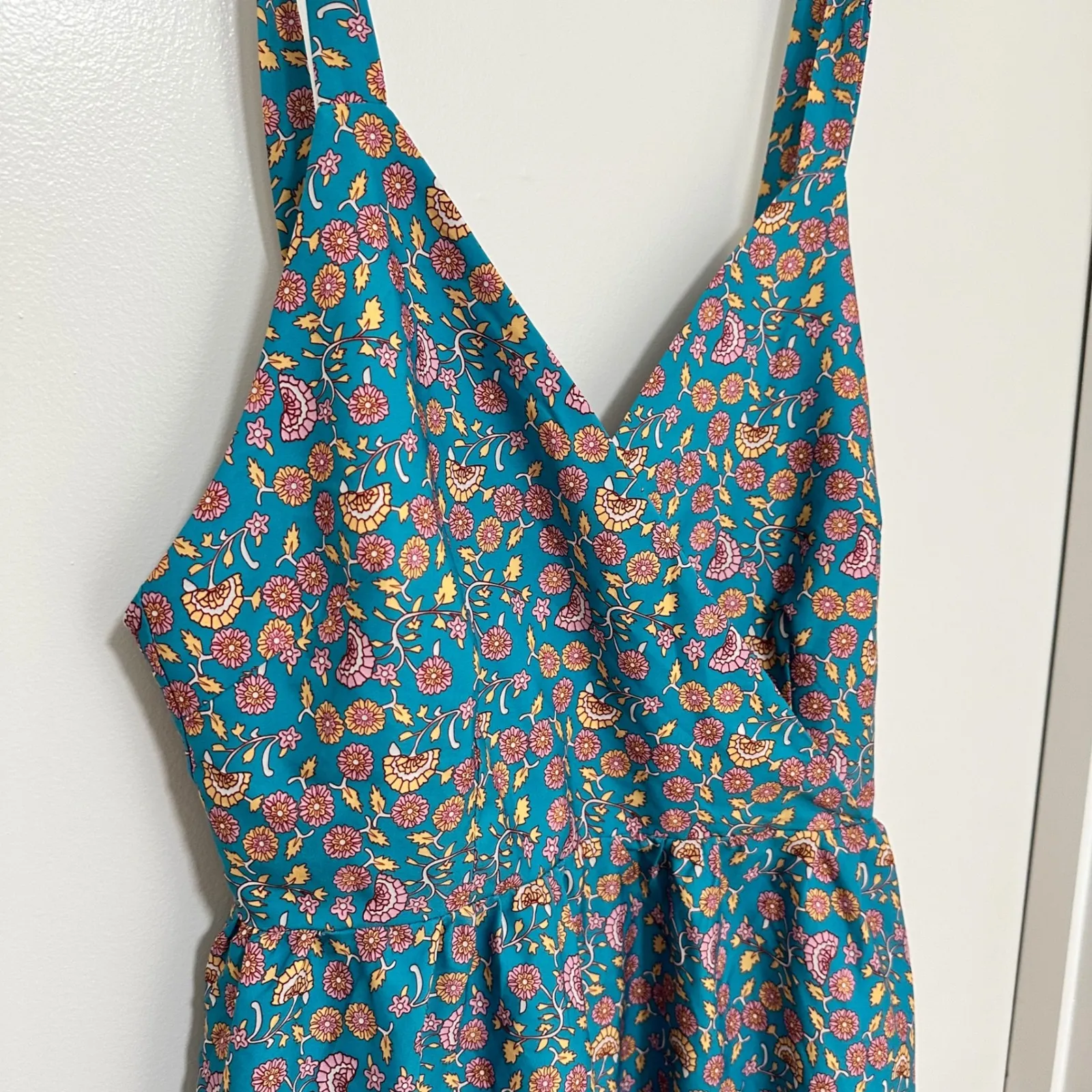 GABI | Teal Turquoise Orange Bohemian Floral Shoulder Tie Backless Mini Dress Blue - Image 6