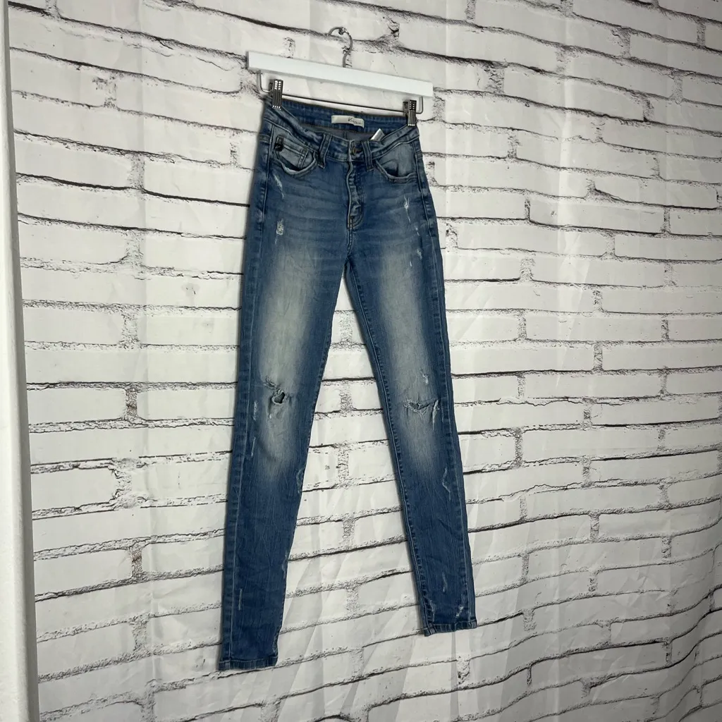 KanCan Skinny Jeans Distressed Mid Rise Women’s 24 Light Wash Stretch Denim Y2K Blue - Image 2