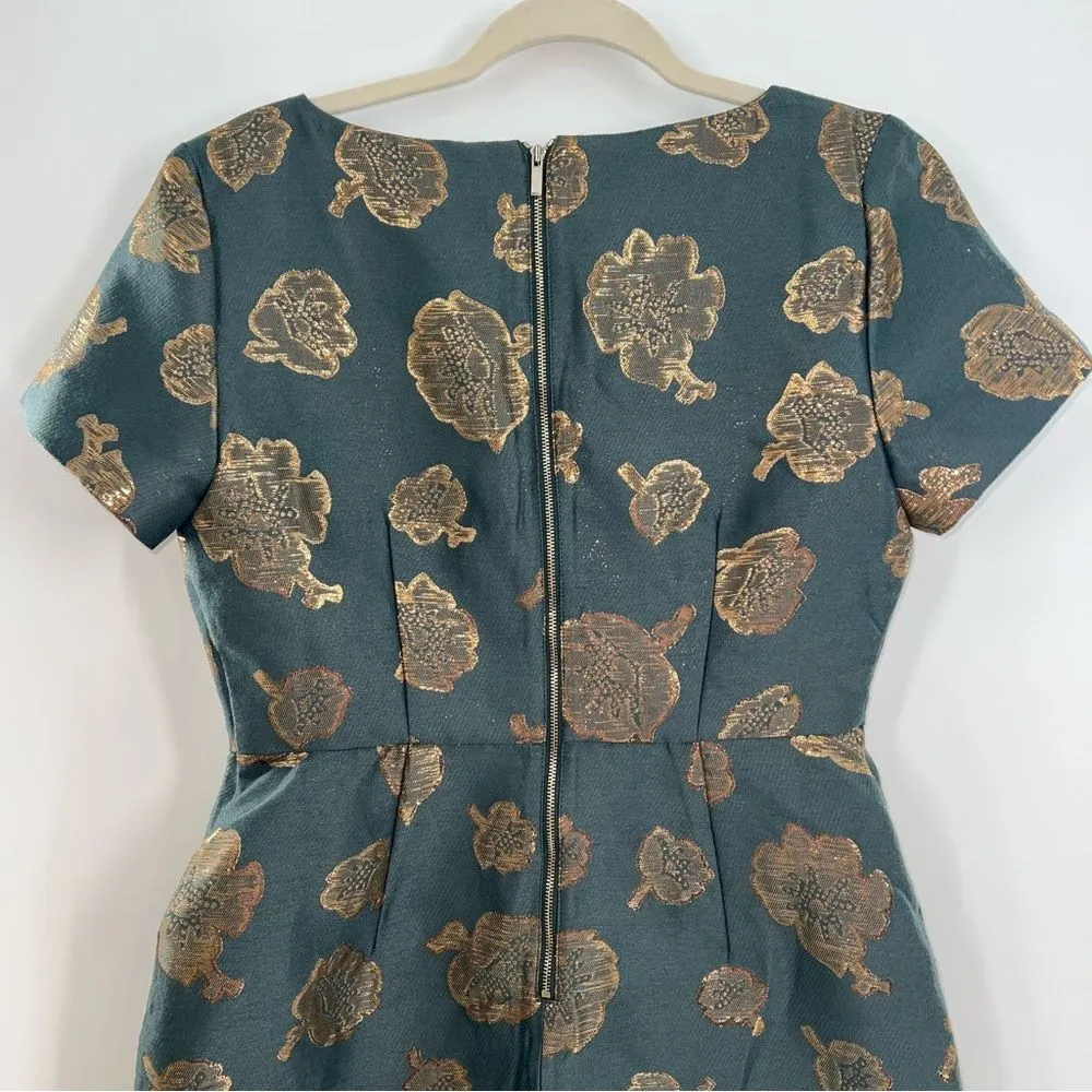 Ann Taylor Short Sleeve Shift-Green w/Metallic Gold Floral Brocade Gold Zipper-6 - Image 5