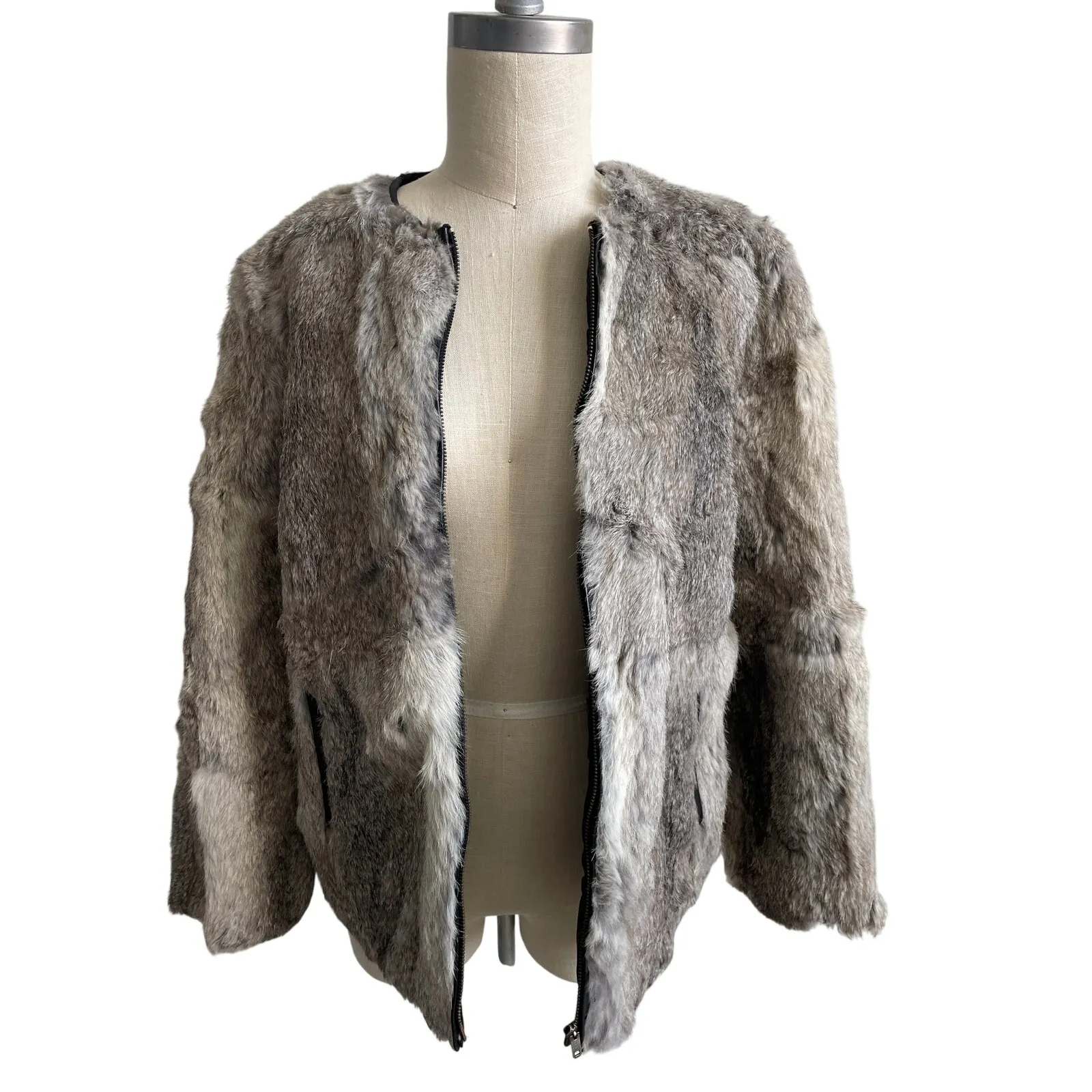 Vintage Genuine Fur Short Jacket Gray Taupe Leather Trim Zip Front Luxury Coat Tan Size M - Image 4