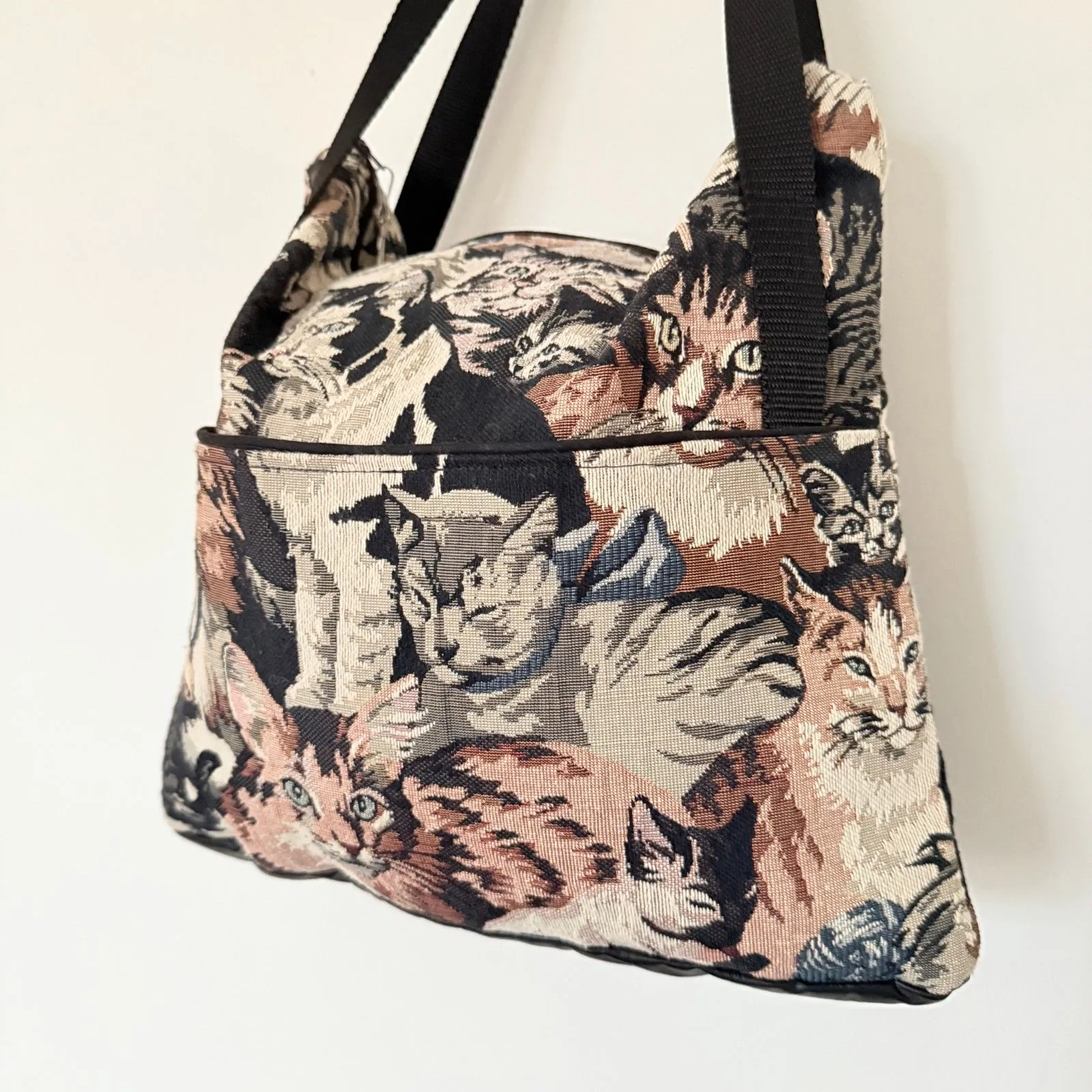 Vintage Woven Cat Tapestry Shopper Bag Whimsical Feline Retro Portrait Tote - Image 3