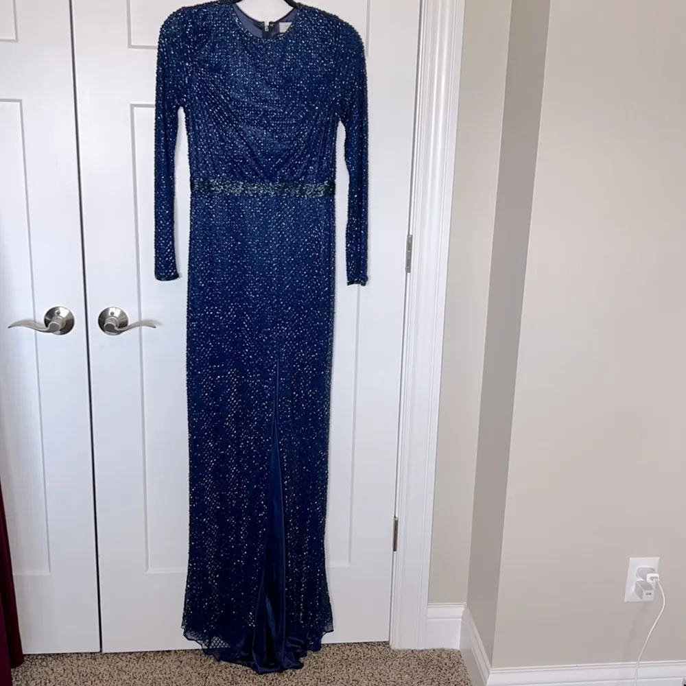 NWT Mac Duggal Beaded High Neck Long Sleeve Gown With Detailed Belt - 5056 - Image 2
