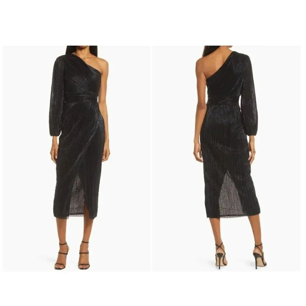 Saylor Alora Dress in Black Metallic Womens Plisse One Shoulder Midi - Image 13