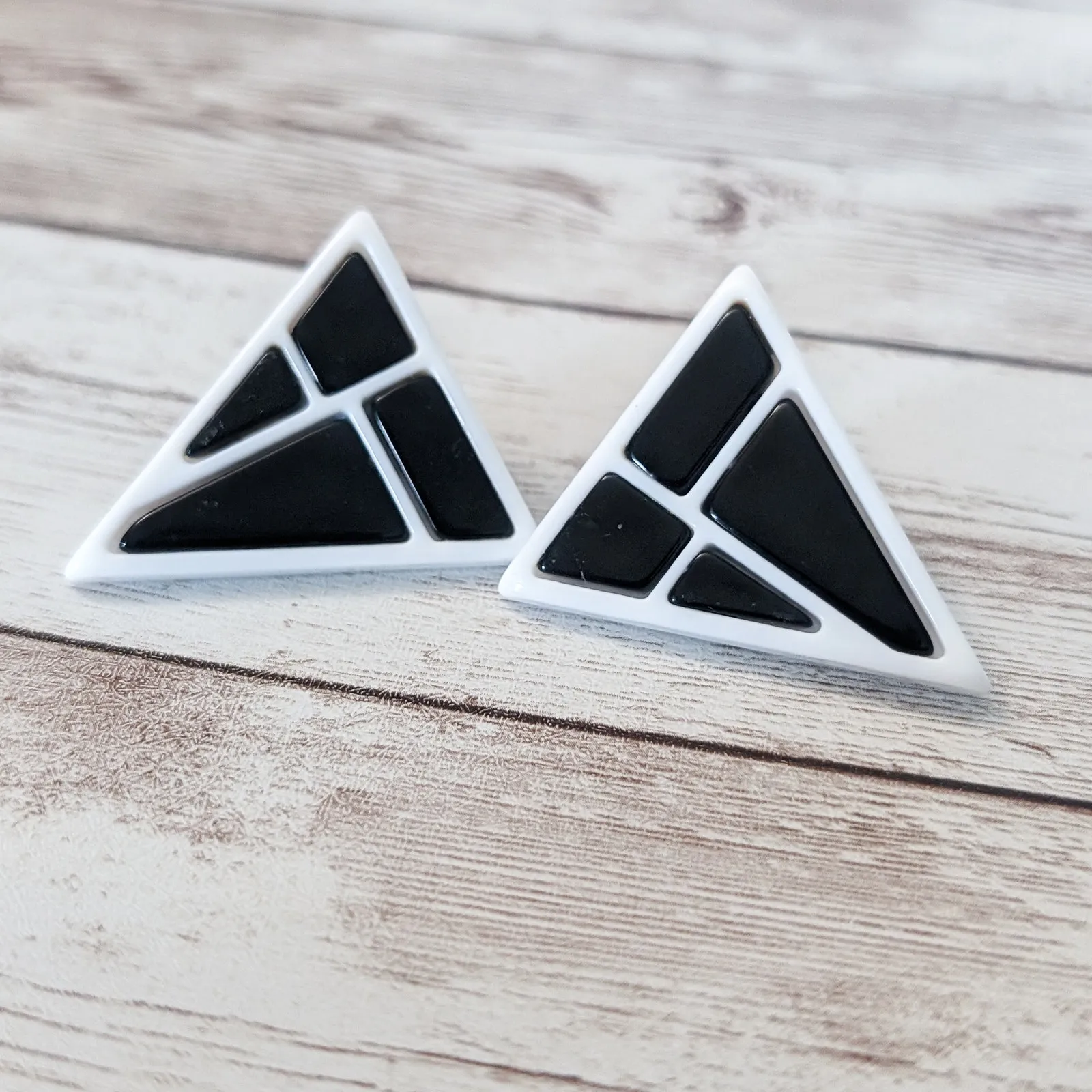 Vintage Clip On Earrings Black & White Large Retro Statement Triangle - Image 3