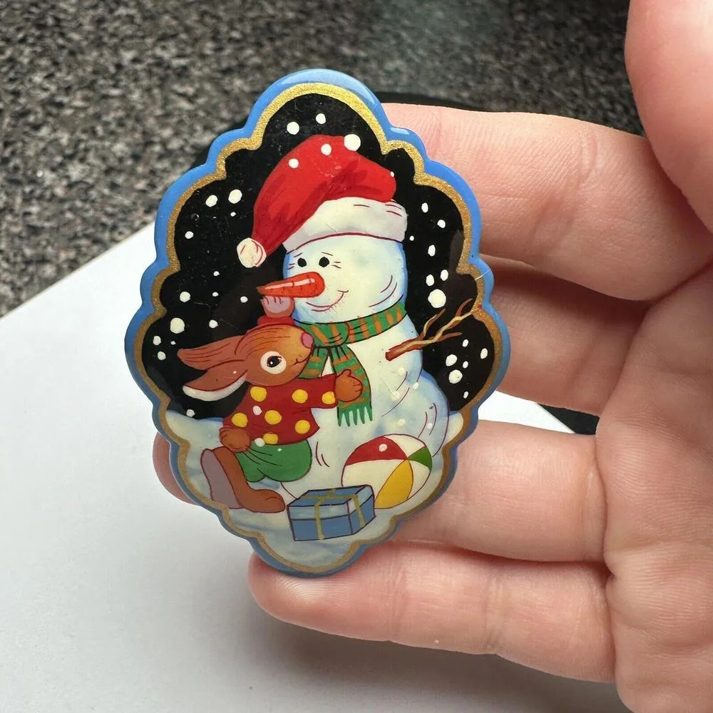 Hand Made In Russia Christmas Holiday Snowman Brooch Pin Paint Lacquer Russian - Image 2