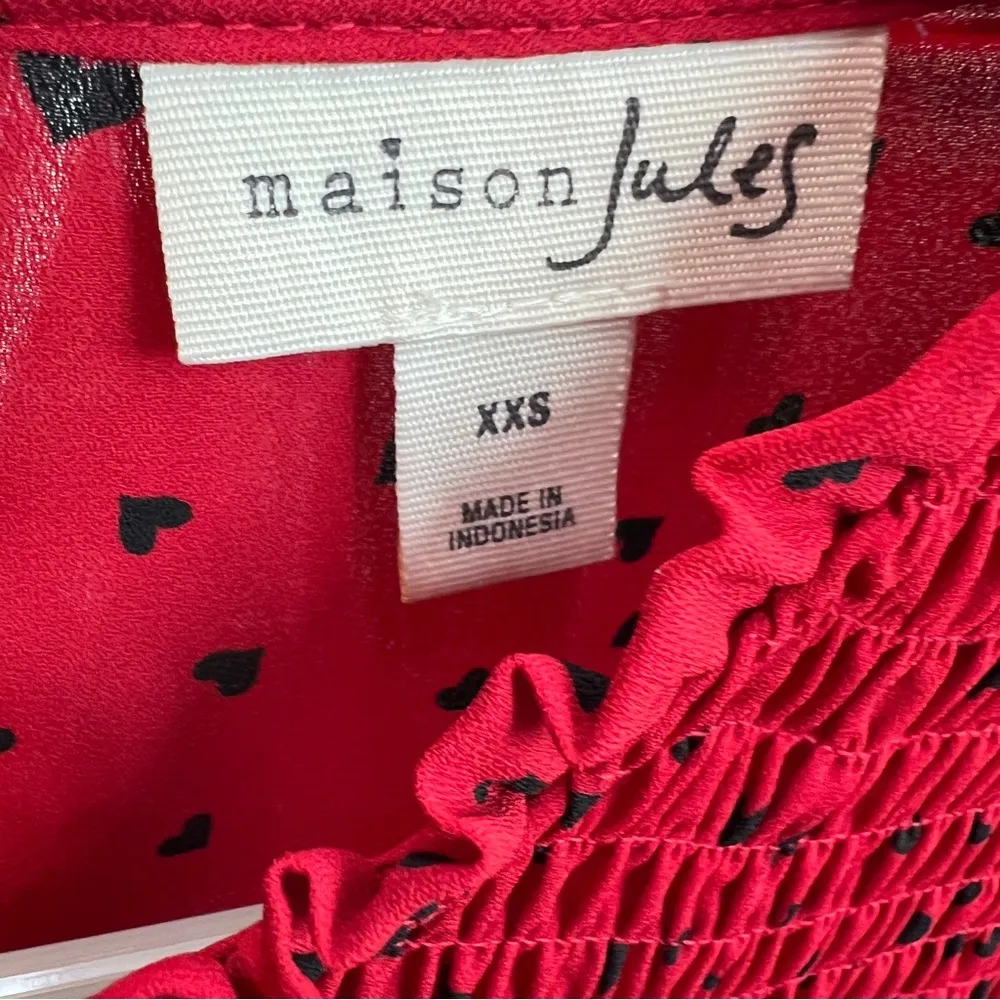 Maison Jules Size XXS Black & Red Long Sleeve Mock Neck Heart Print Blouse - Image 9