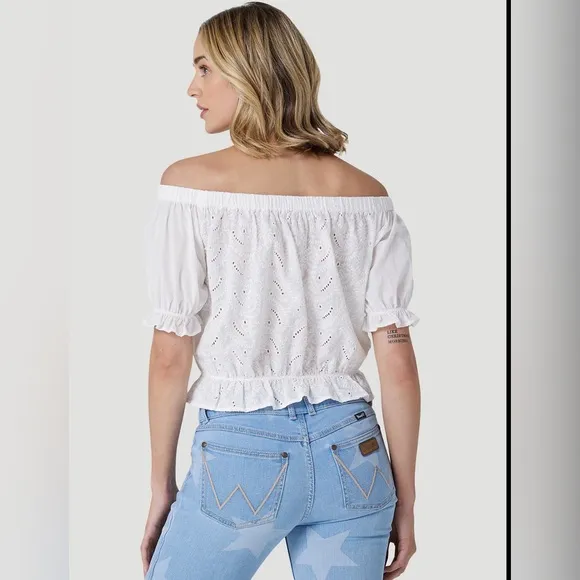NEW WOMEN'S WRANGLER CROP PEASANT BLOUSE SHIRT WHITE SMALL - Image 2
