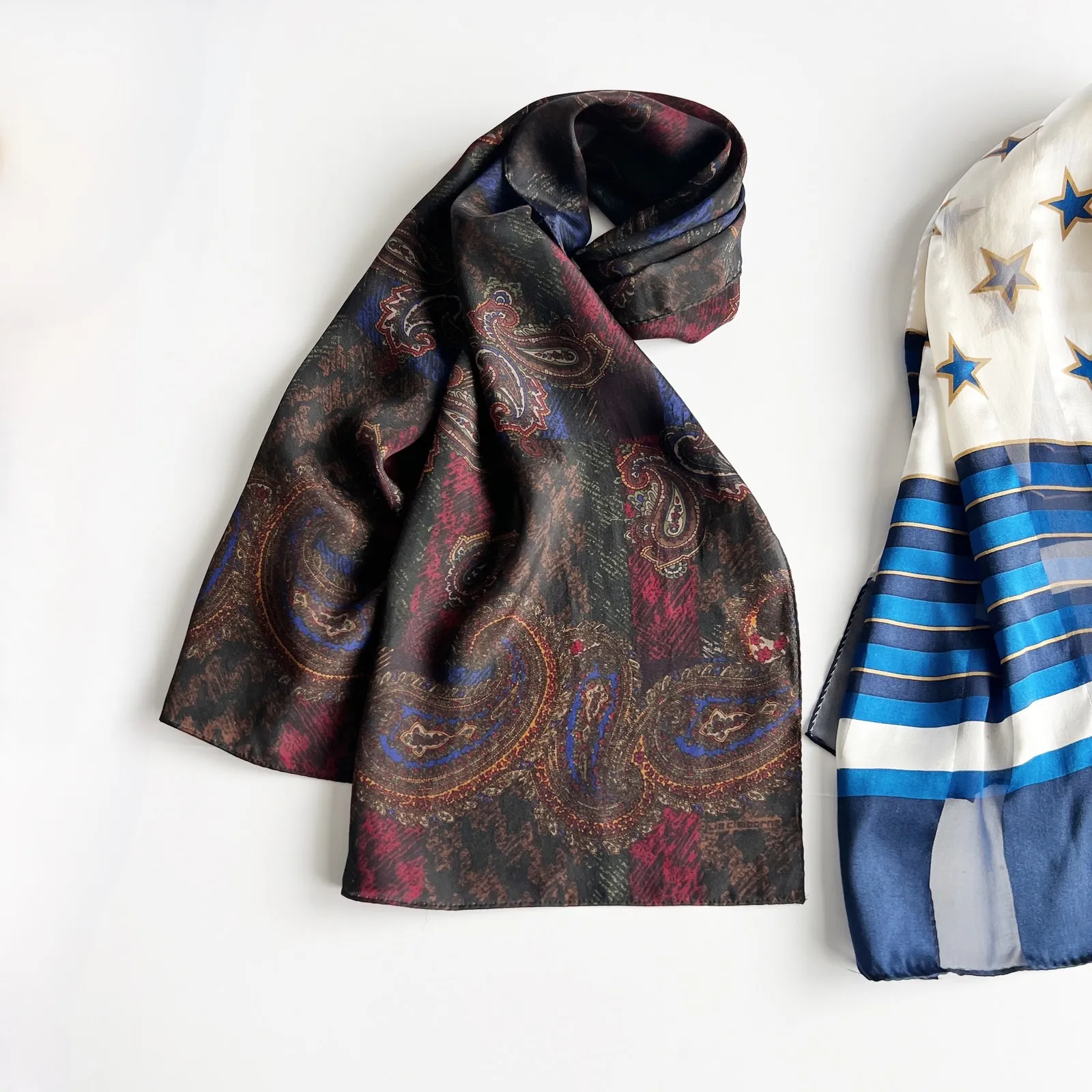 [Vintage] 80s Liz Claiborne Silk Scarves Stars Stripes Paisley Print Purse Scarf Blue - Image 3