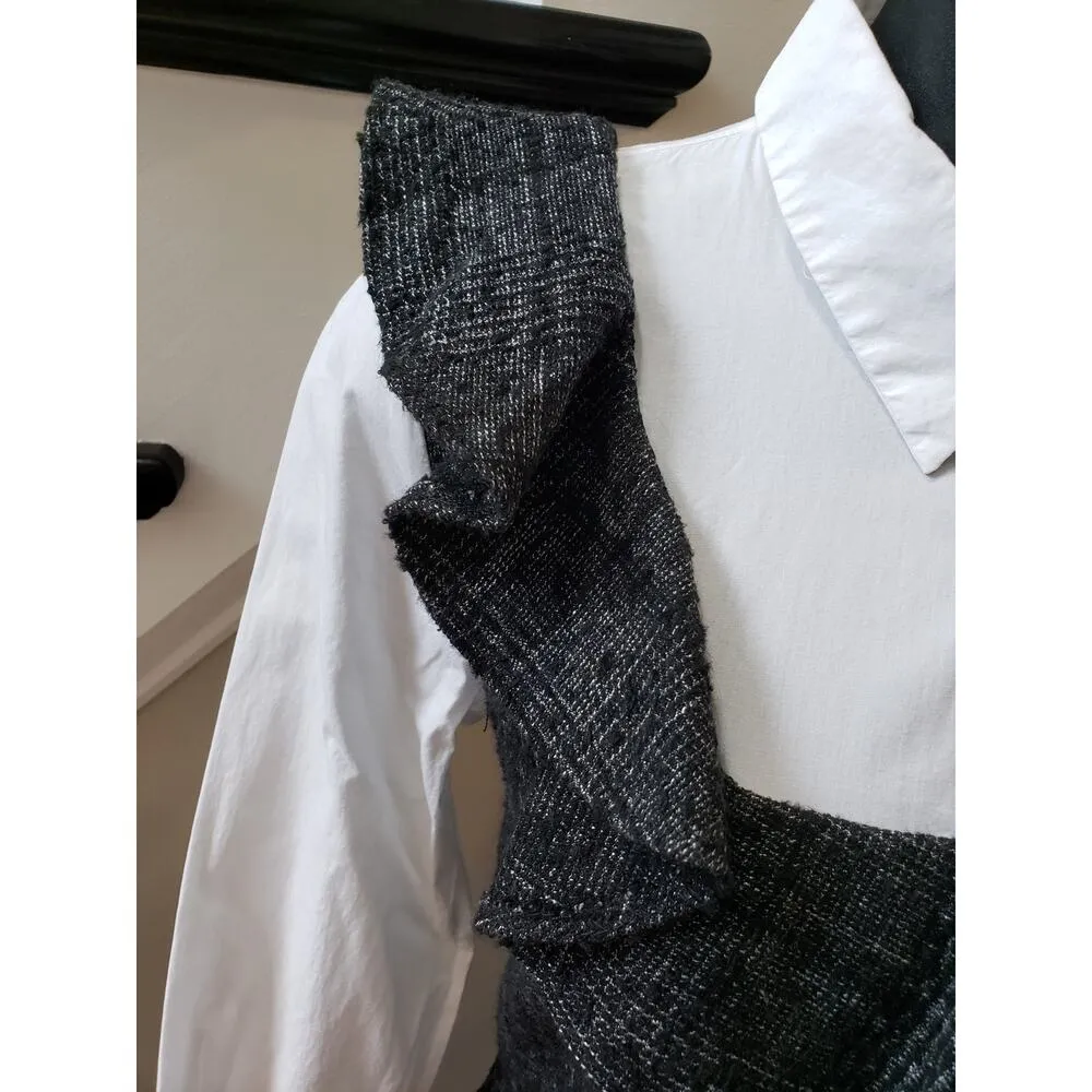 Zara Woman Dress Jumper Women XS Black White Cotton Ruffle Plaid Shirt Look - Image 8