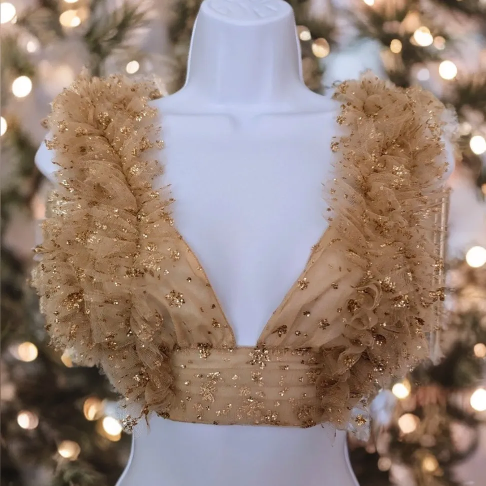 NWOT Sosha Nude & Gold Ruffle Tulle Crop Party Top Size M - Image 4