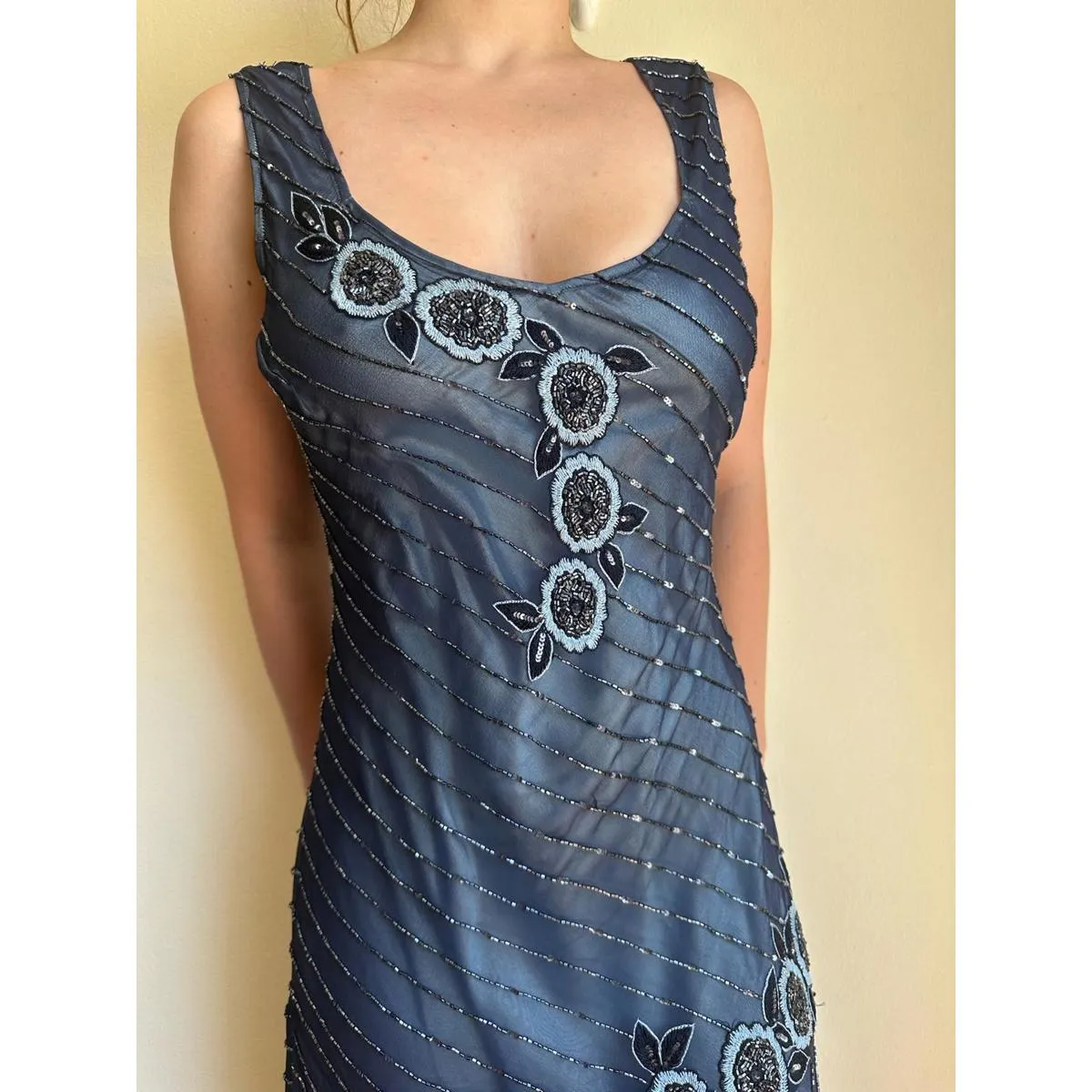 Midnight Blue Beaded Floral Midi Dress Size 16 - Image 7