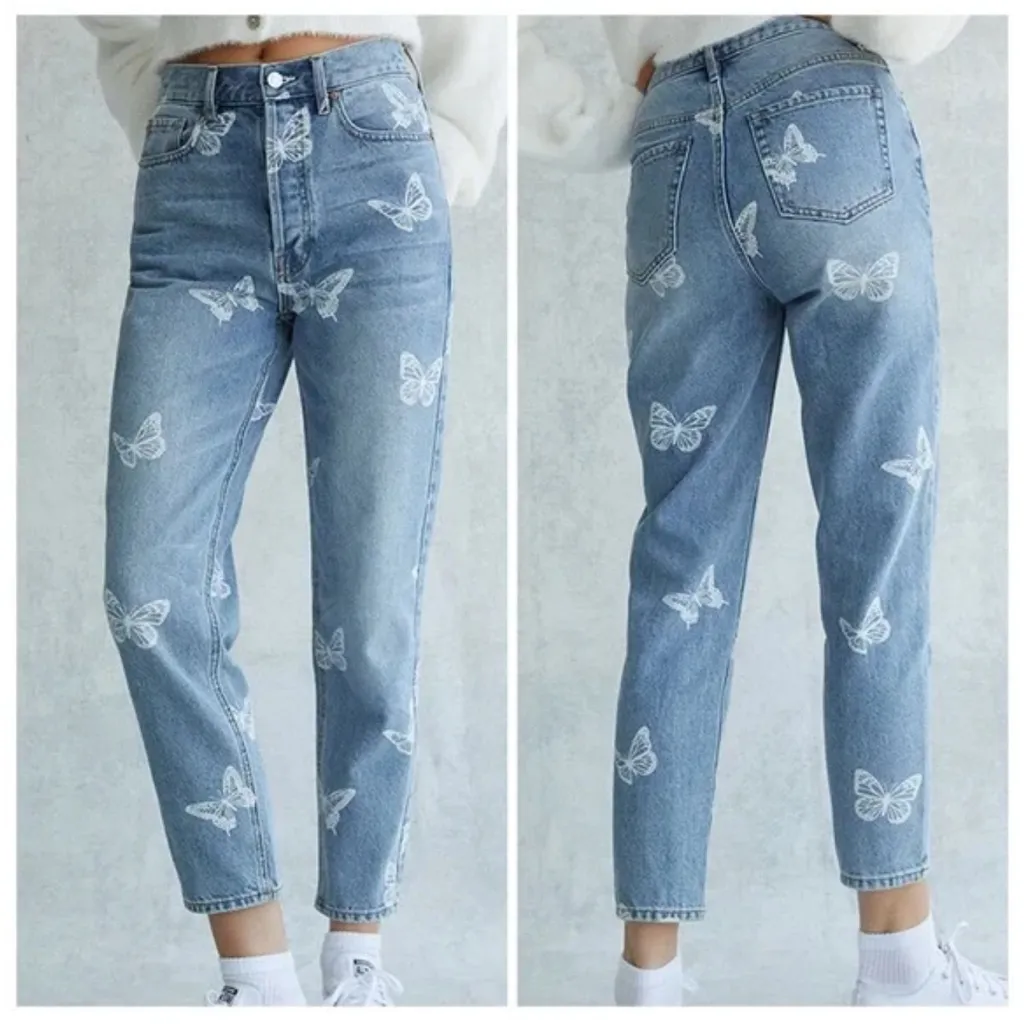 PACSUN size 27 ultra high rise slim fit button up jeans butterfly design - Image 2