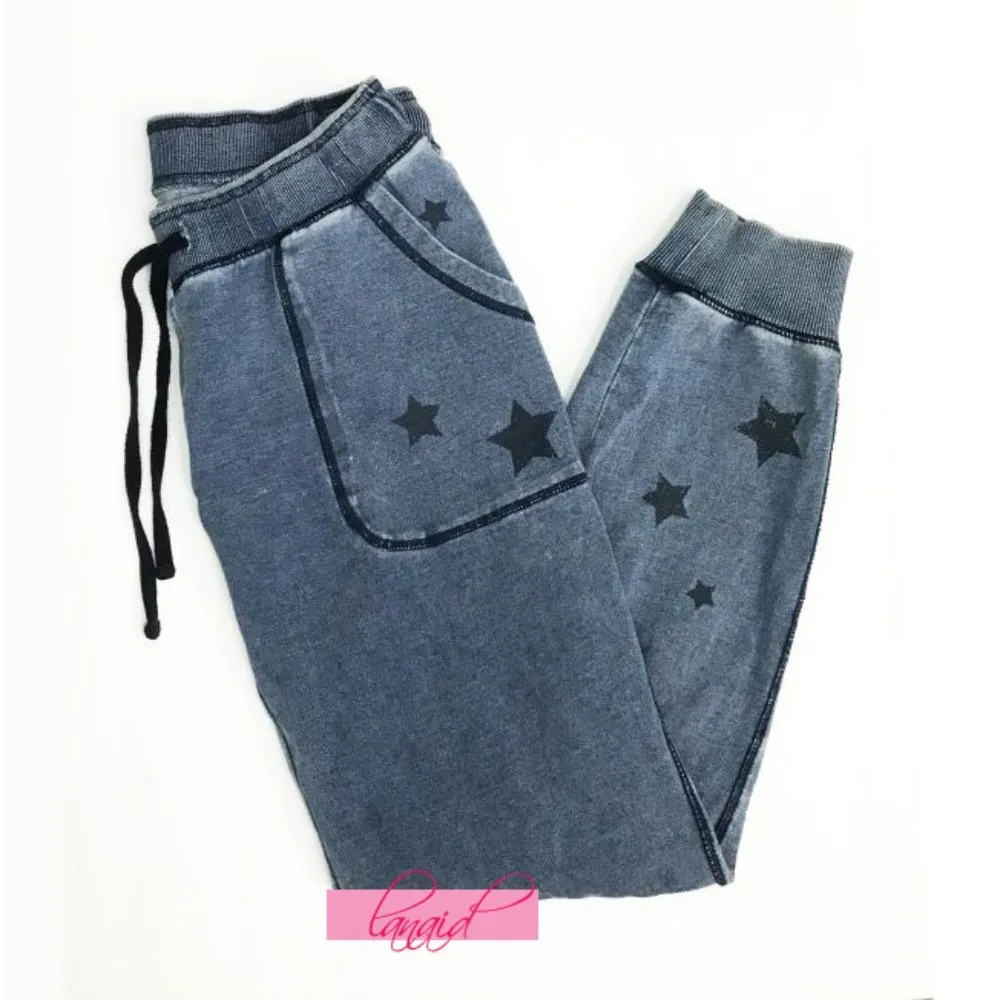 PJ Salvage Seeing Stars Jogger Pants Chambray Jean Knit Sweatpants Sweats Pants - Image 3