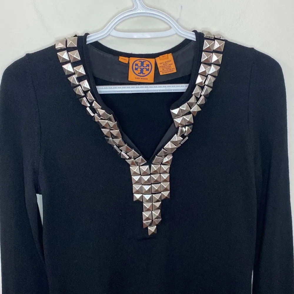Tory Burch black 100% merino sweater tunic with studded embellished neck size XS - Image 3