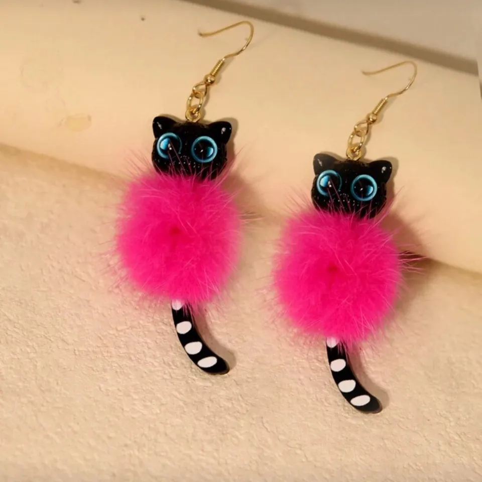 😻😻😻3 for 12$😻😻😻Pink Cat Earrings with Black Accents Pink - Image 3