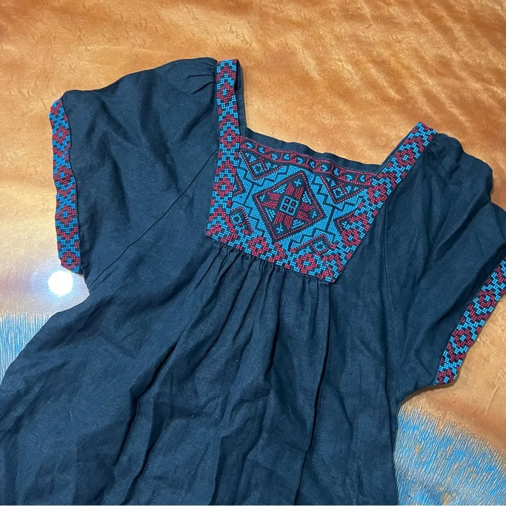 Madewell Black 100% Linen Embroidered Wander Mini Dress Black small blue red - Image 5