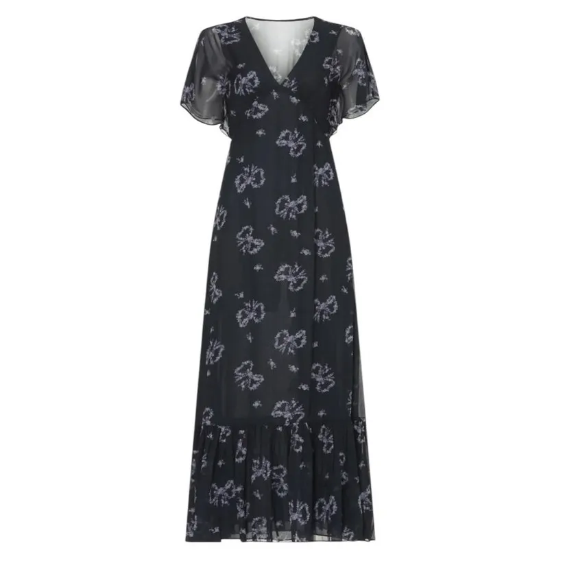 Love Shack Fancy Kover Bow Print Tiered Navy Blue Viscose Maxi Dress Size 8 - Image 3