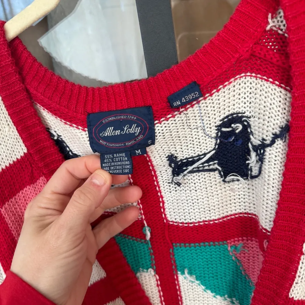 Vintage 80s nautical knit cardigan Allen Solly Sweater Boats Plane patchwork Red Size M - Image 3