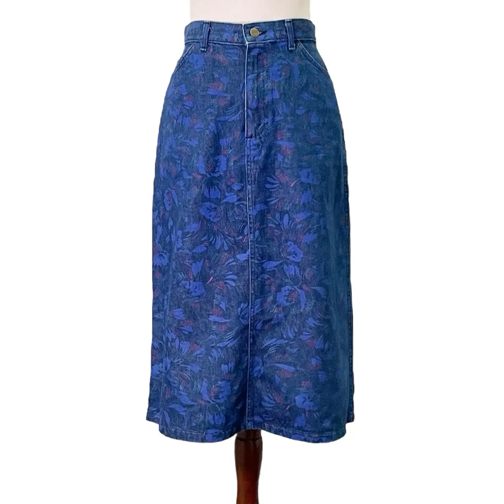 Vintage Lee Denim Skirt Size Small High Waist Floral Print Midi USA Made Blue - Image 2