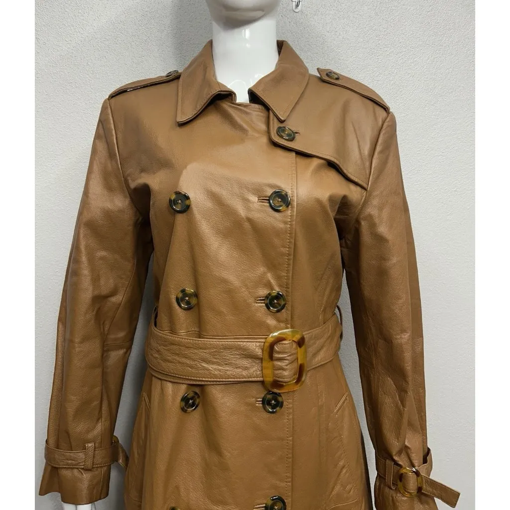 Vintage Jerry Lewis Women's Leather Coat Medium Brown Belted Double Breasted - Image 3