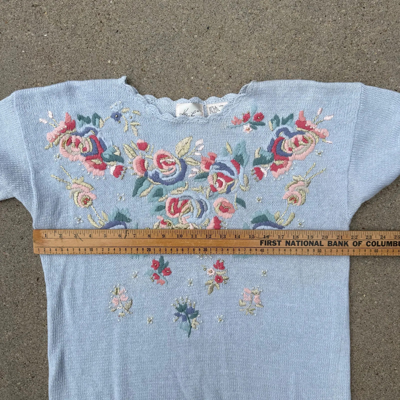 Vintage Granny Cottagecore Floral Long Sleeve Crochet Embroidered Sweater Blue L Size L - Image 9