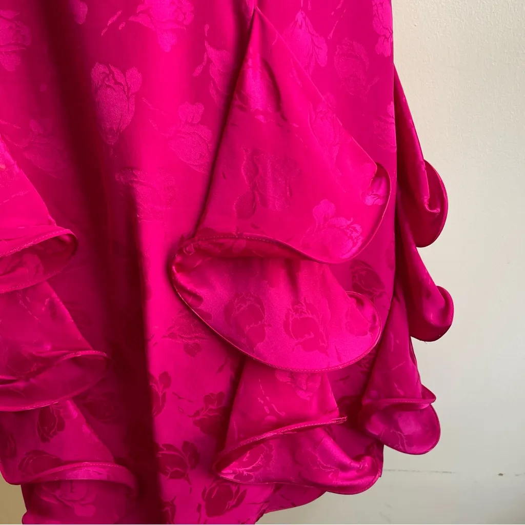 Vintage 80s Hot Pink Silk Studio Midi Dress Jacquard Short Sleeve Floral 8 - Image 2