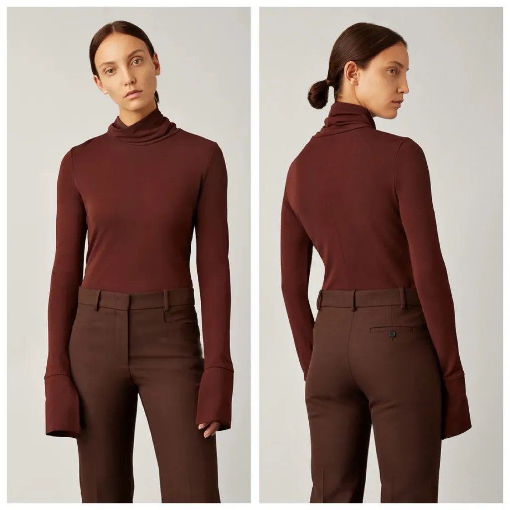 JOSEPH High Neck Crepe Jersey Turtleneck Top, Burgundy Maroon sz. XS - Image 12