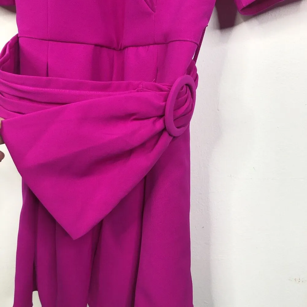 NEW Black Halo Maricopa Puff Sleeve Belted Romper in Vibrant Pink Women's Sz 10 - Image 5