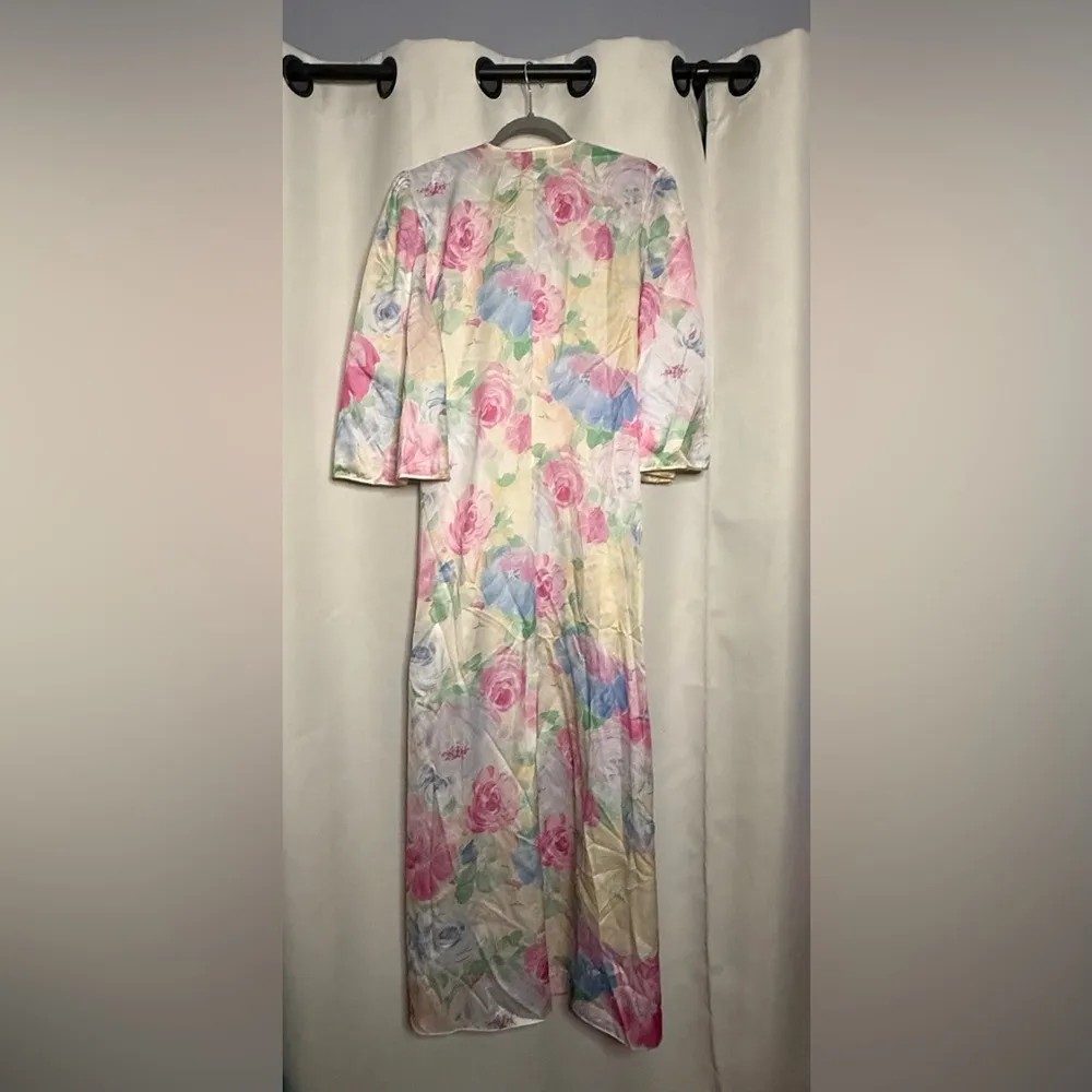 Vintage Lucie Ann Satin Pastel Floral Robe Neglige Medium White - Image 2