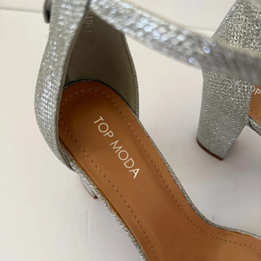 Silver Glitter Block Heels Size 10 Ankle Strap Sparkly Heeled Sandals Metallic - Image 15