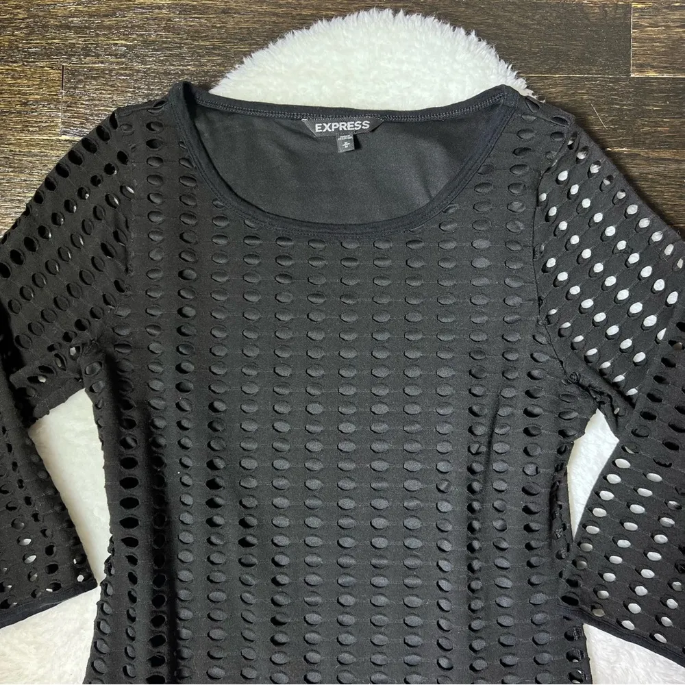 Express Black Fish Net Perforated 3/4 Sleeve Dress - Image 3