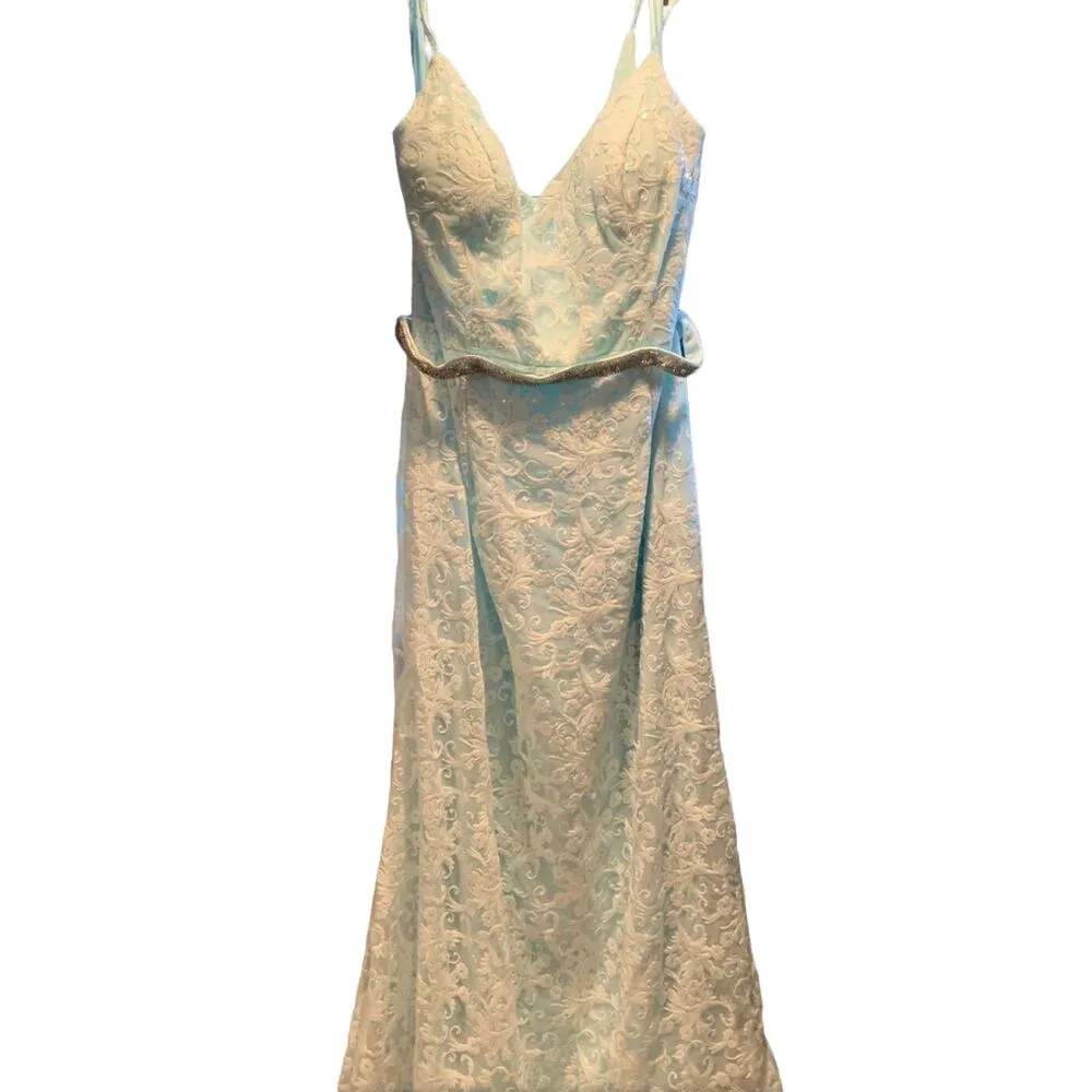 Blue Full Length Lace Overlay Sequins Long Formal Homecoming Dress Teen Womens 0 - Image 4