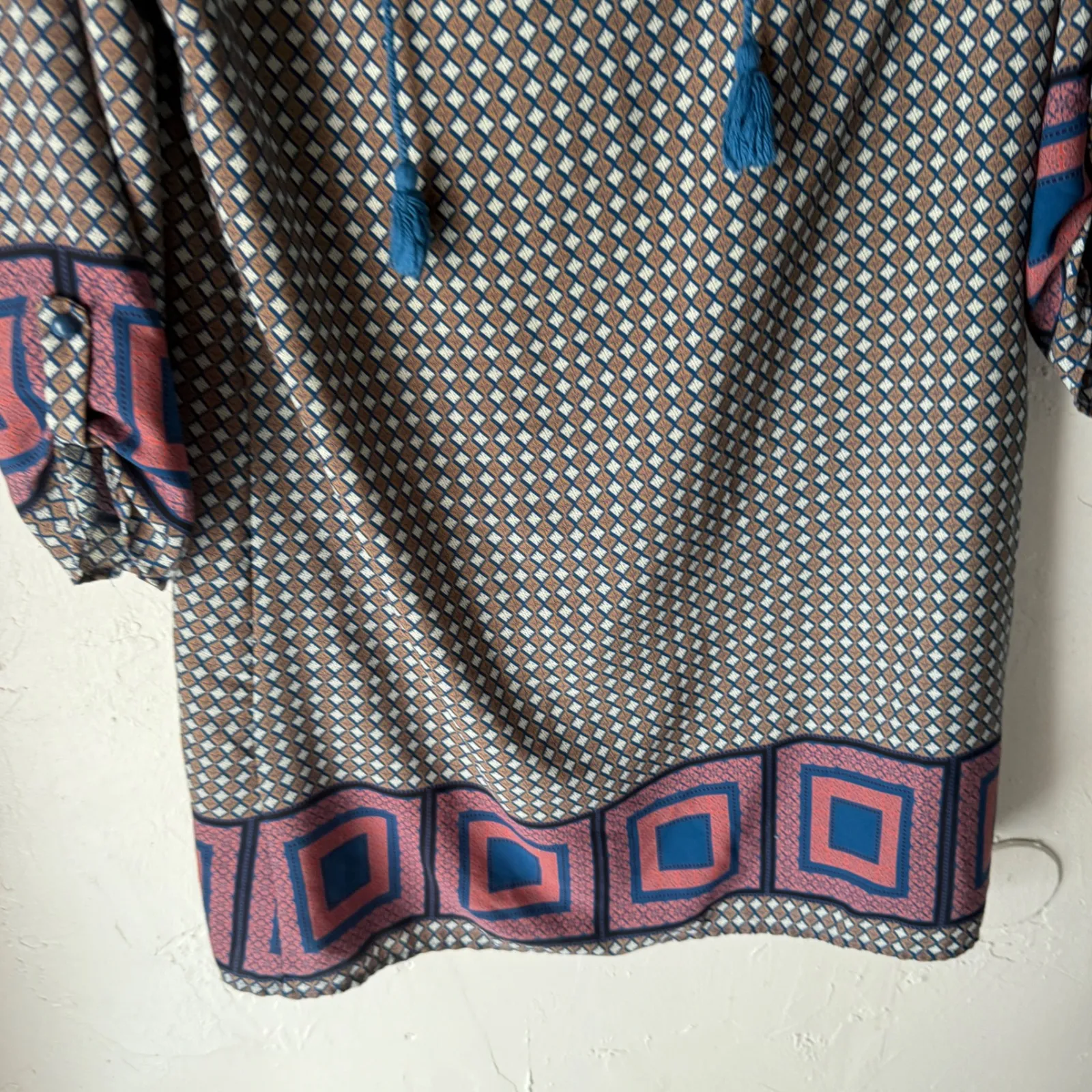 Peppermint USA Geometric Print V Neck Tassel Sleeve Dress Women Size L Boho - Image 4