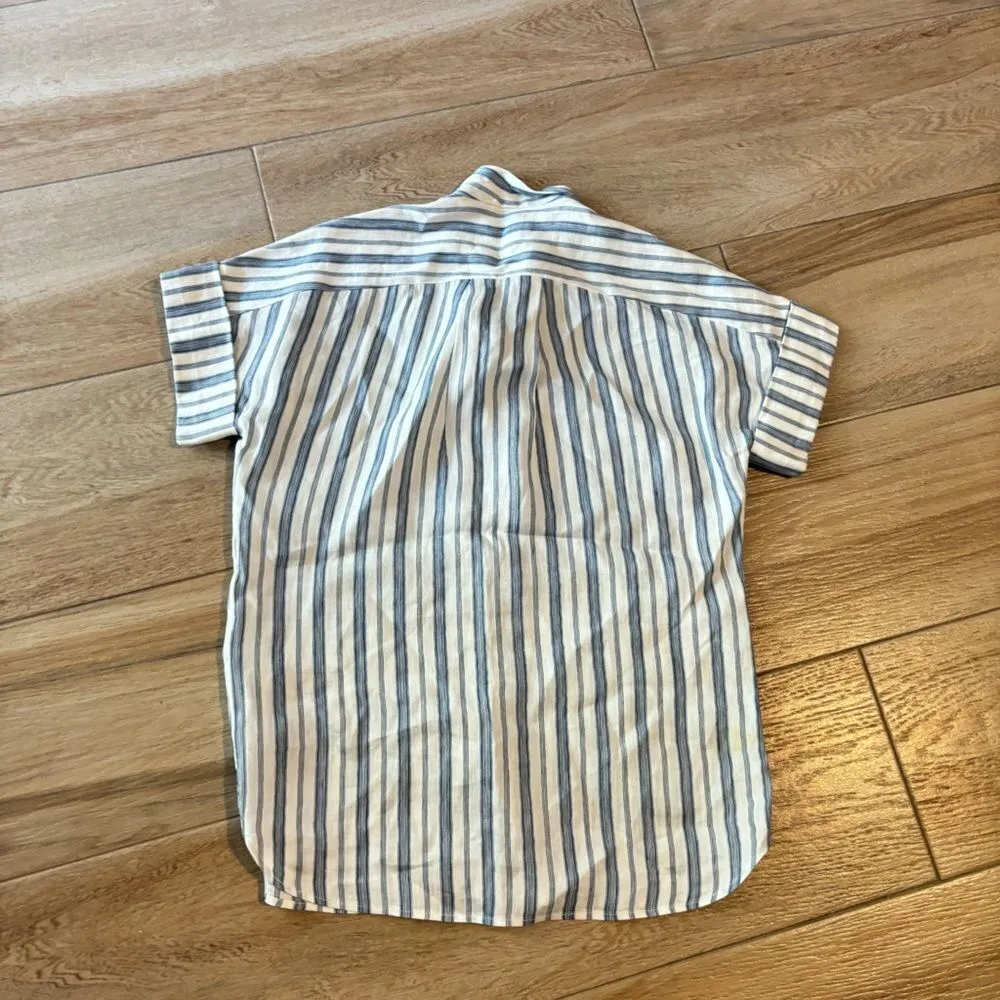 Frame Stripe Clean Collar Linen Blend Shirt In Off White Multi - Image 7