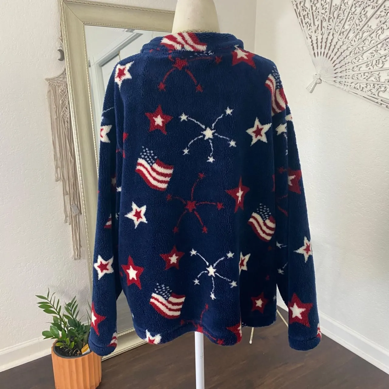 Vintage Classic Americana Dark Blue Red White Flag Fleece Sweater Jacket XXL - Image 6