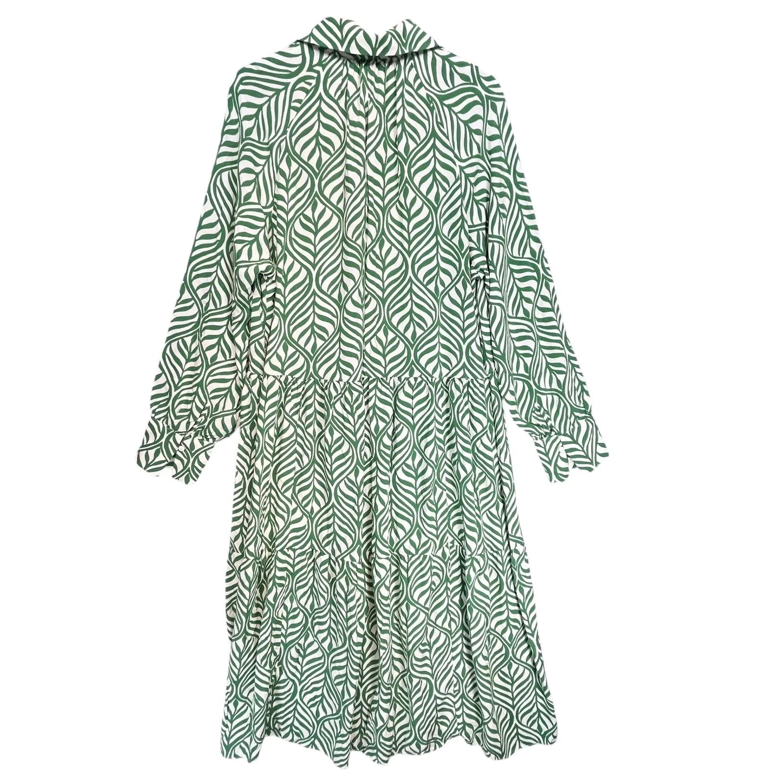 H&M Womens Green White Leaf Print Tiered Midi Dress Long Sleeve‎ - Image 3