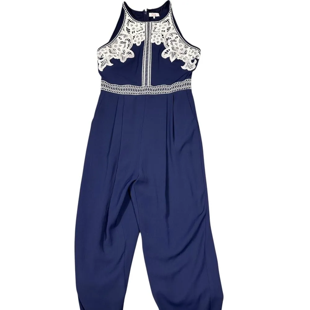 Parker Navy Blue Embroidered Halter Jumpsuit – Size Medium - Image 2