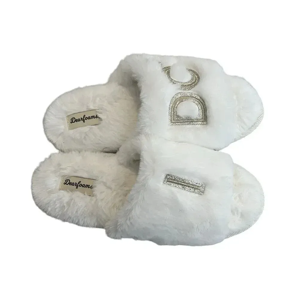 Dearfoams Wedding ‘I DO’‎ Slippers Women’s M (7-8)  Slides Faux Fur Memory Foam - Image 4