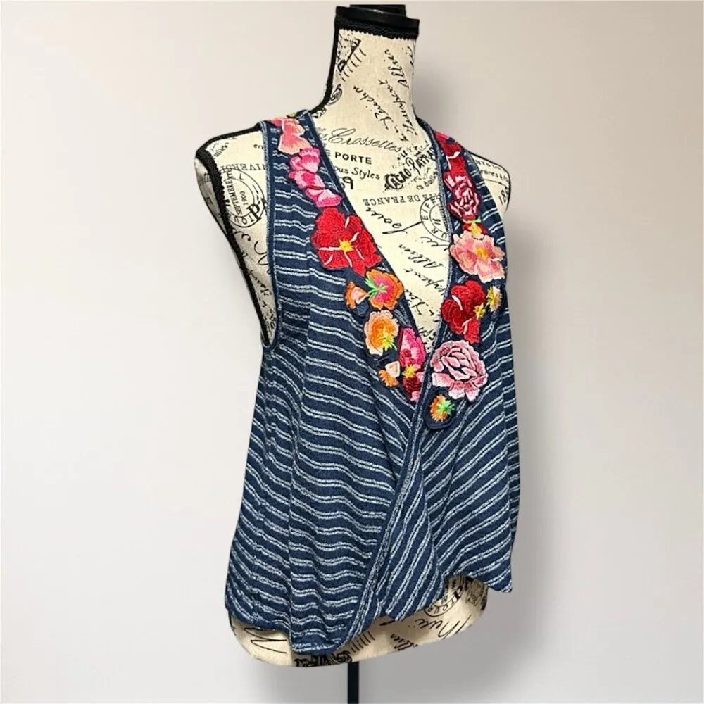 Free People Frida XS Blue Striped Embroidered Faux Wrap Tank Top Boho Festival - Image 3